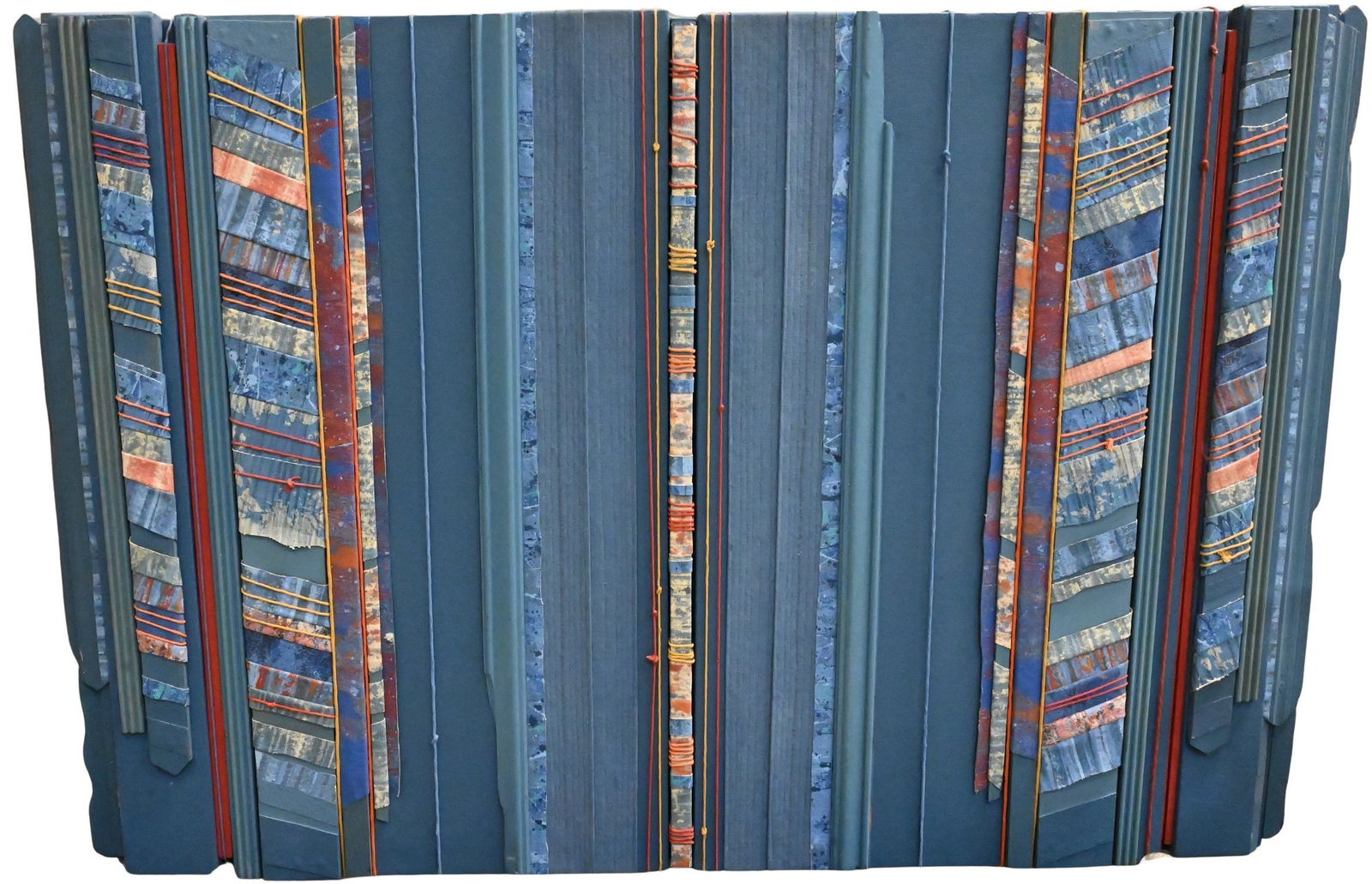 Robert Quijada (Mexican/American B.1935): Robert Quijada (Mexican/American B.1935) "Blue Construction No.1", 1982 Mixed media, fabric, oil on canvas Signed, titled and dated verso Robert Quijada 1982 28" x 42"