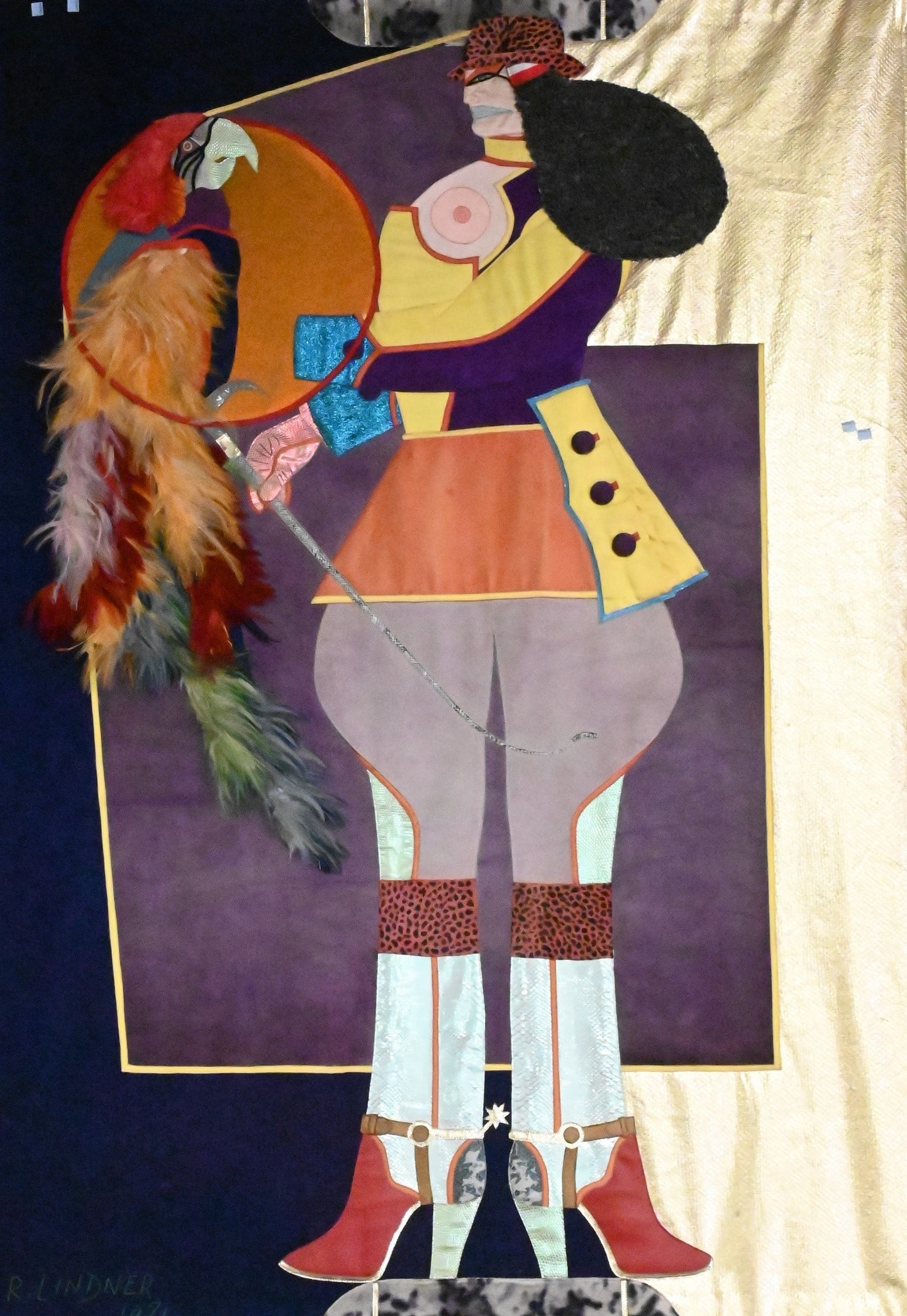 Richard Linder (German / American 1901-1978): Richard Linder (German / American 1901-1978) Parrot Lady Banner, 1971 Felt tapestry collage with suede satin, velvet, and feathers Signed and dated lower left "R. Linder 1971" 76" x 50"