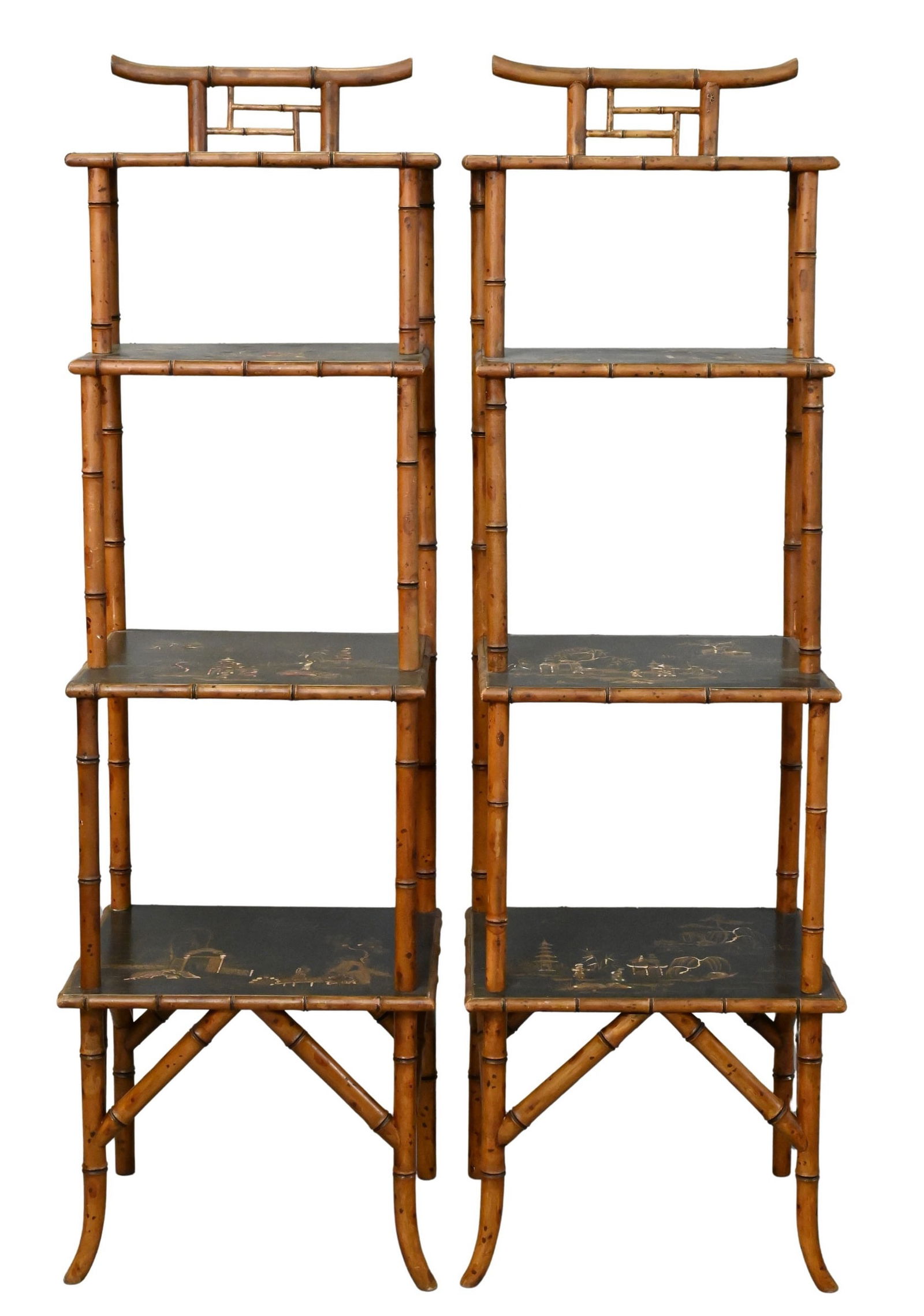 Pair of Faux Bamboo Etageres: Pair of Faux Bamboo Etageres with Chinersarie shelves all in Chinese taste, late 19th century height 50 inches, width 14 1/2 inches, depth 12 inches Provenance: Property from a Upper East Side, New Yo