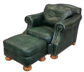 Bradington Young Green Leather Easy Chair and Ottoman
