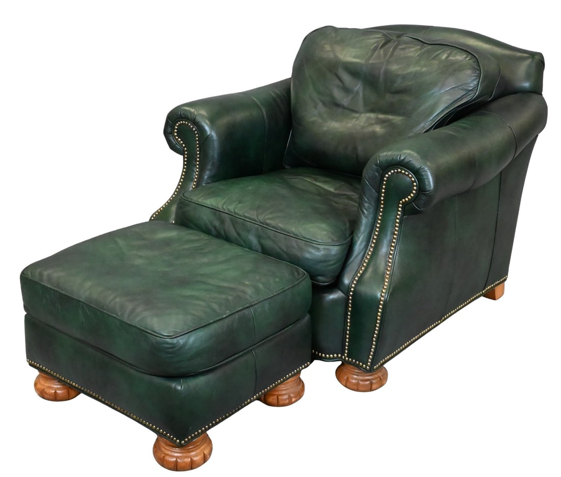 Bradington Young Green Leather Easy Chair and Ottoman (1 of 4)