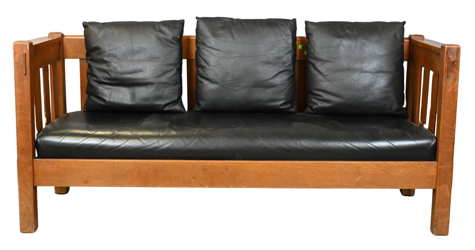 Mission Oak Arts & Crafts Style Bench in the Manner of L & J.G. Stickley: Mission Oak Arts & Crafts Style Bench in the Manner of L & J.G. Stickley with leather seat cushion and three back cushions height 35 inches, width 78 inches, depth 27 inches Provenance: Sold by Rago A