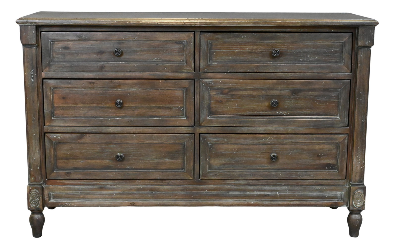 Restoration Hardware "Baby and Child" Double Dresser: Restoration Hardware "Baby and Child" Double Dresser having six drawers, marked to interior of drawer height 36 inches, top 18 1/2" x 57"