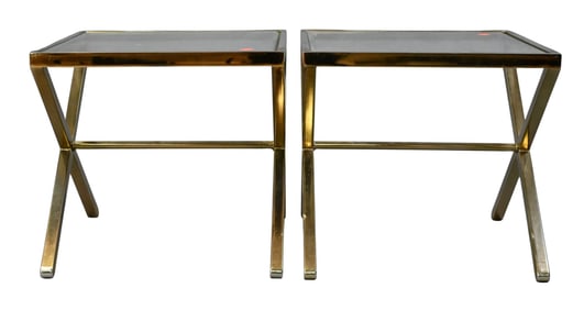 Attributed to Carl Springer Pair of Chrome and Brass Glass Top Side Tables