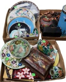 Three Box Lots of Decorative Porcelain, Cloisonné Enamel, and Netskis