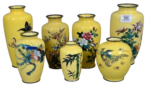 Seven Yellow Japanese Cloisonne Vases