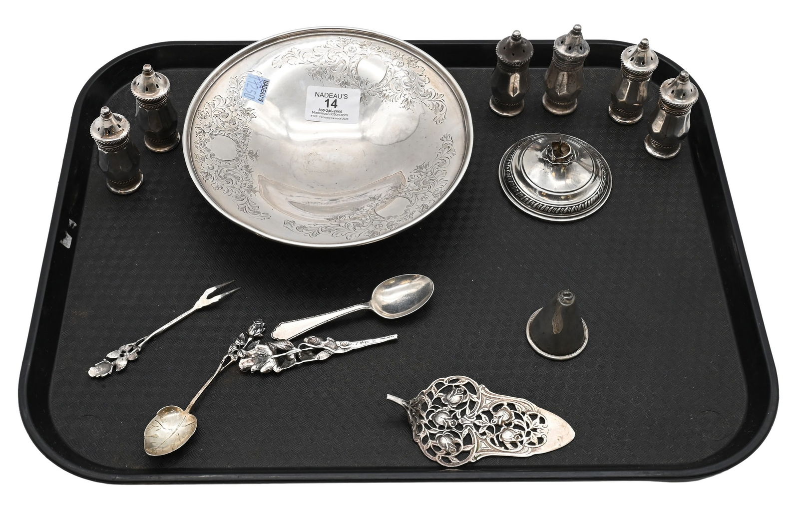 Group of Sterling Silver: Group of Sterling Silver to include six salt and pepper shakers, Birks circular tray, etcetera, plus one weighted base 12.6 troy ounces plus one weighted base