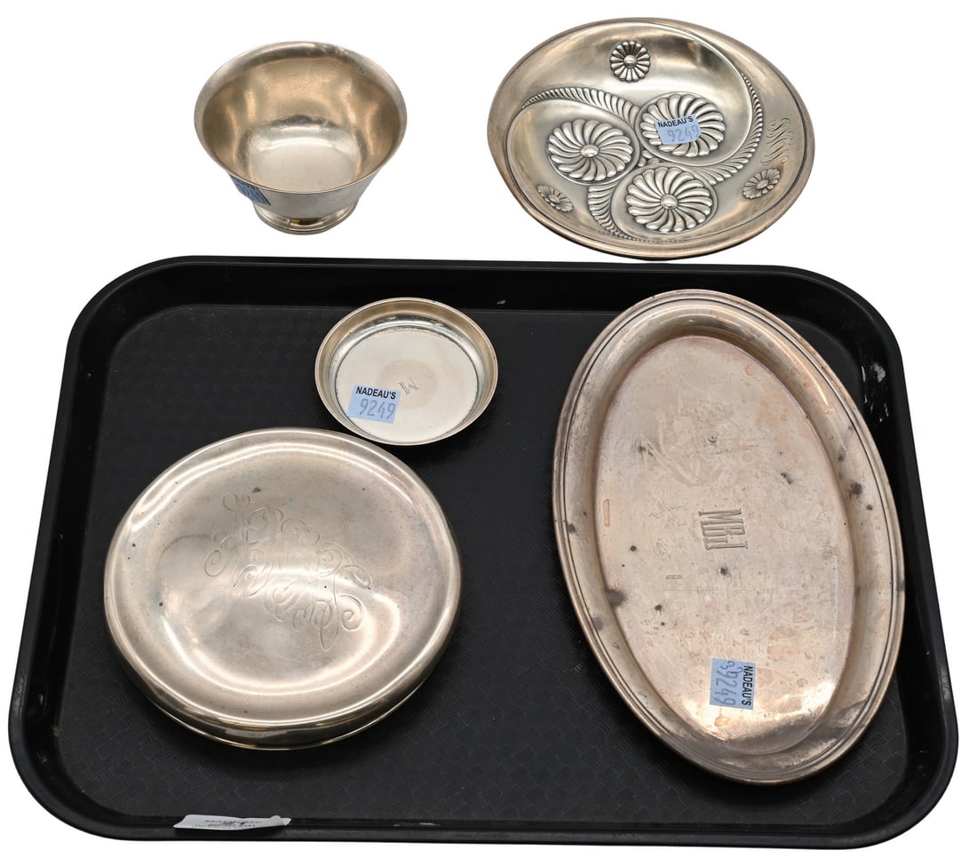 Group of Sterling Silver: Group of Sterling Silver to include small Tiffany and Company circular dish, Reed and Barton Paul Revere reproduction bowl, Gorham oval tray, Whiting repousse circular tray and lid longest 9