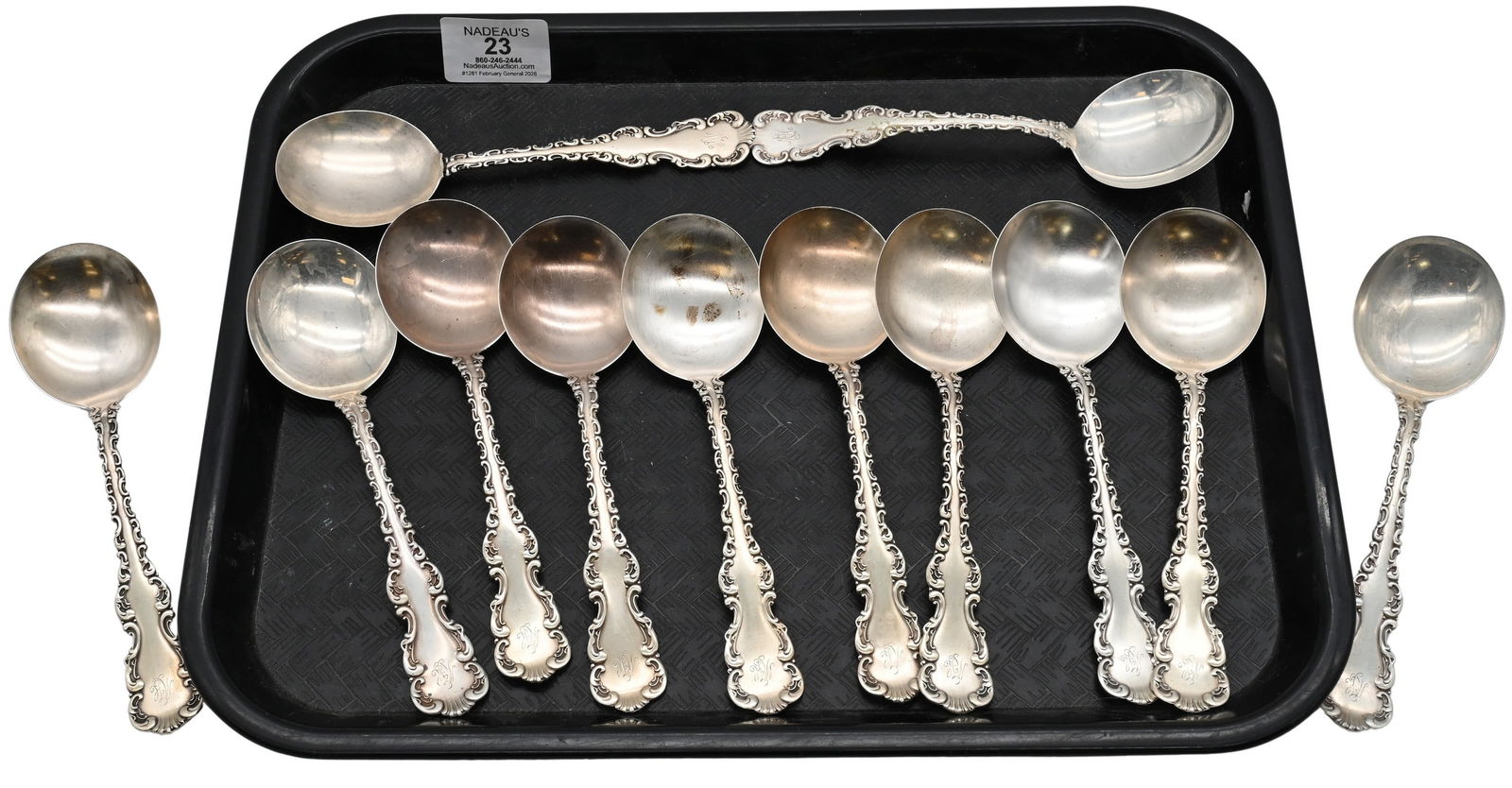 12 Piece Whiting Sterling Silver Soup Spoons: 12 Piece Whiting Sterling Silver Soup Spoons in Louis XV pattern, one spoon in half length 6 3/4 inches, weight 15.6 troy ounces