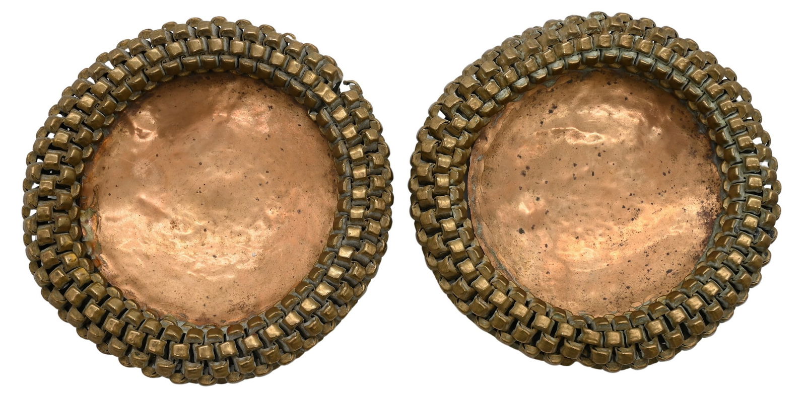 Attributed to Line Vautrin (French 1913–1997): Attributed to Line Vautrin (French 1913–1997) Pair of round ashtrays "Cendriers" in brass washed copper diameter 5 inches Provenance: Property from a Upper East Side, New York City Apartment