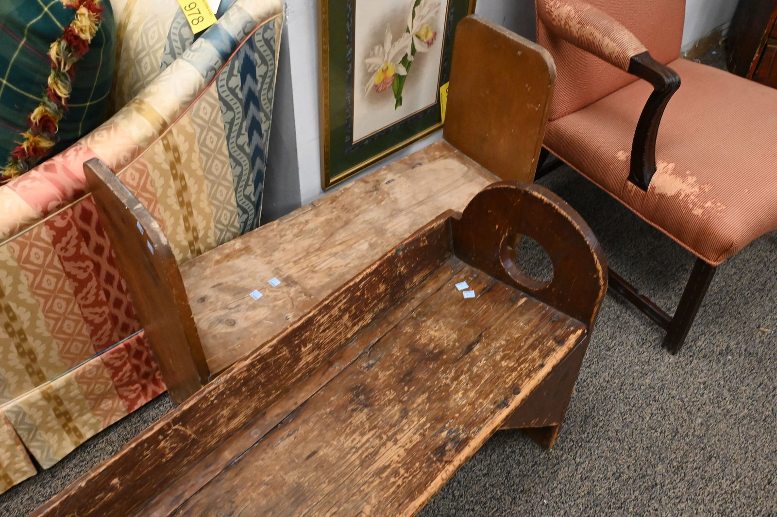 Two Primitive Bucket Benches having Old Finish - 3