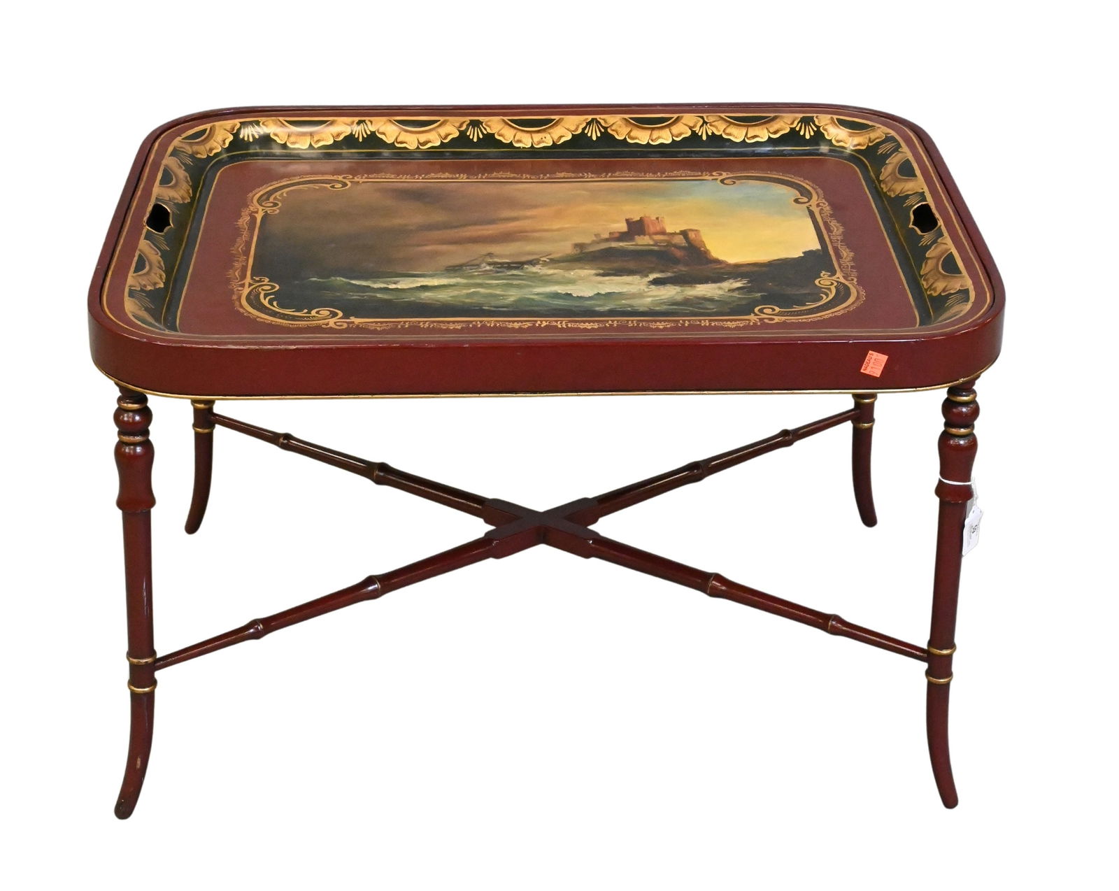 Early Tole Tray: Early Tole Tray painted with shipwreck and castle now on custom base height 19 inches, top 23" x 30" Provenance: Property from a Prominent New York City Collector