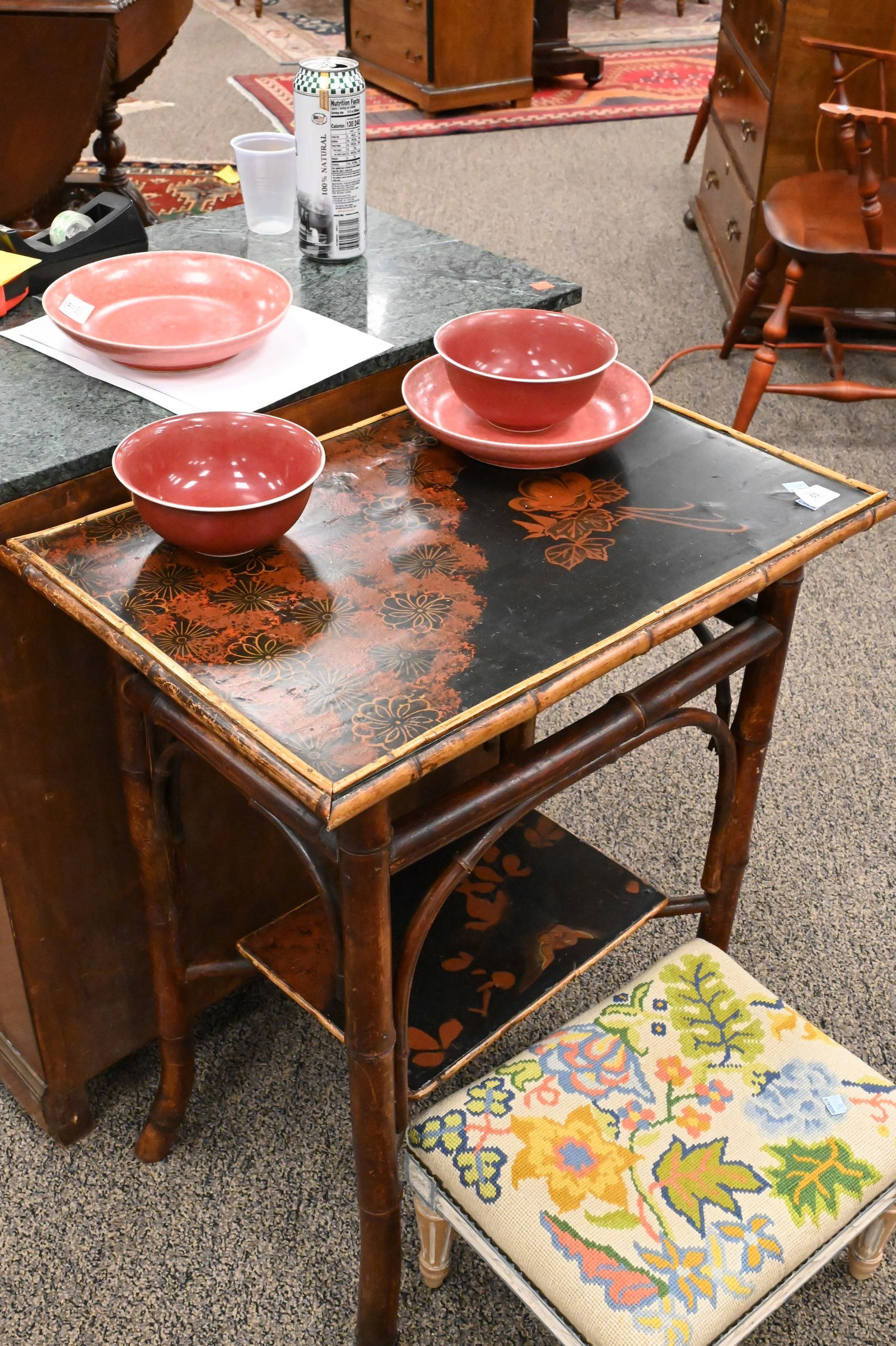 Two Piece Furniture Lot: Two Piece Furniture Lot to include Small XVI Style Reeded Leg Footstool having needlework top set on polychrome painted base height 9 1/2 inches, top 12" x 15" Victorian Bamboo Lacquered Two Tier