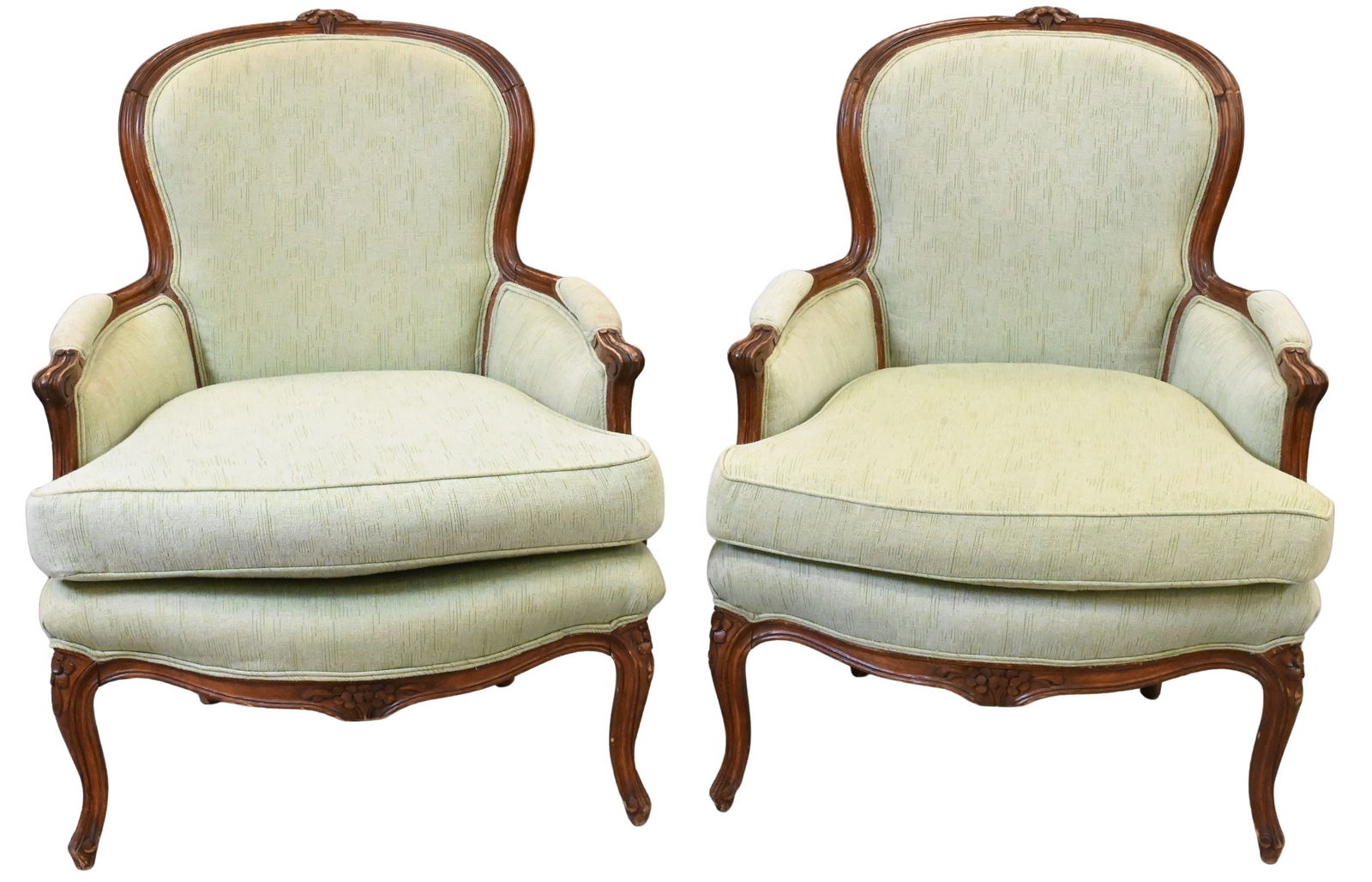 Pair of Louis XV Style Upholstered Bergeres: Pair of Louis XV Style Upholstered Bergeres height 36 inches, width 28 inches