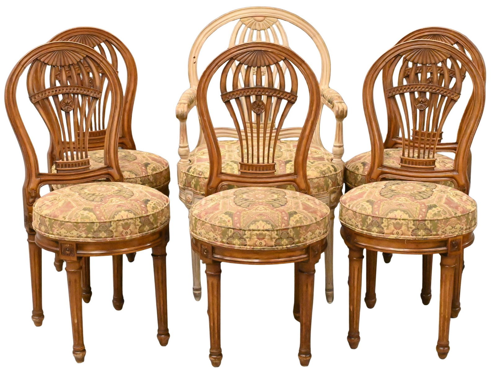 Set of Six "Montgolfiers" French Dining Chairs Attributed to Maison Jansen: Set of Six "Montgolfiers" French Dining Chairs Attributed to Maison Jansen to include five side chairs along with white painted matching armchair, unmarked chairs height 37 inches, width 20 inches