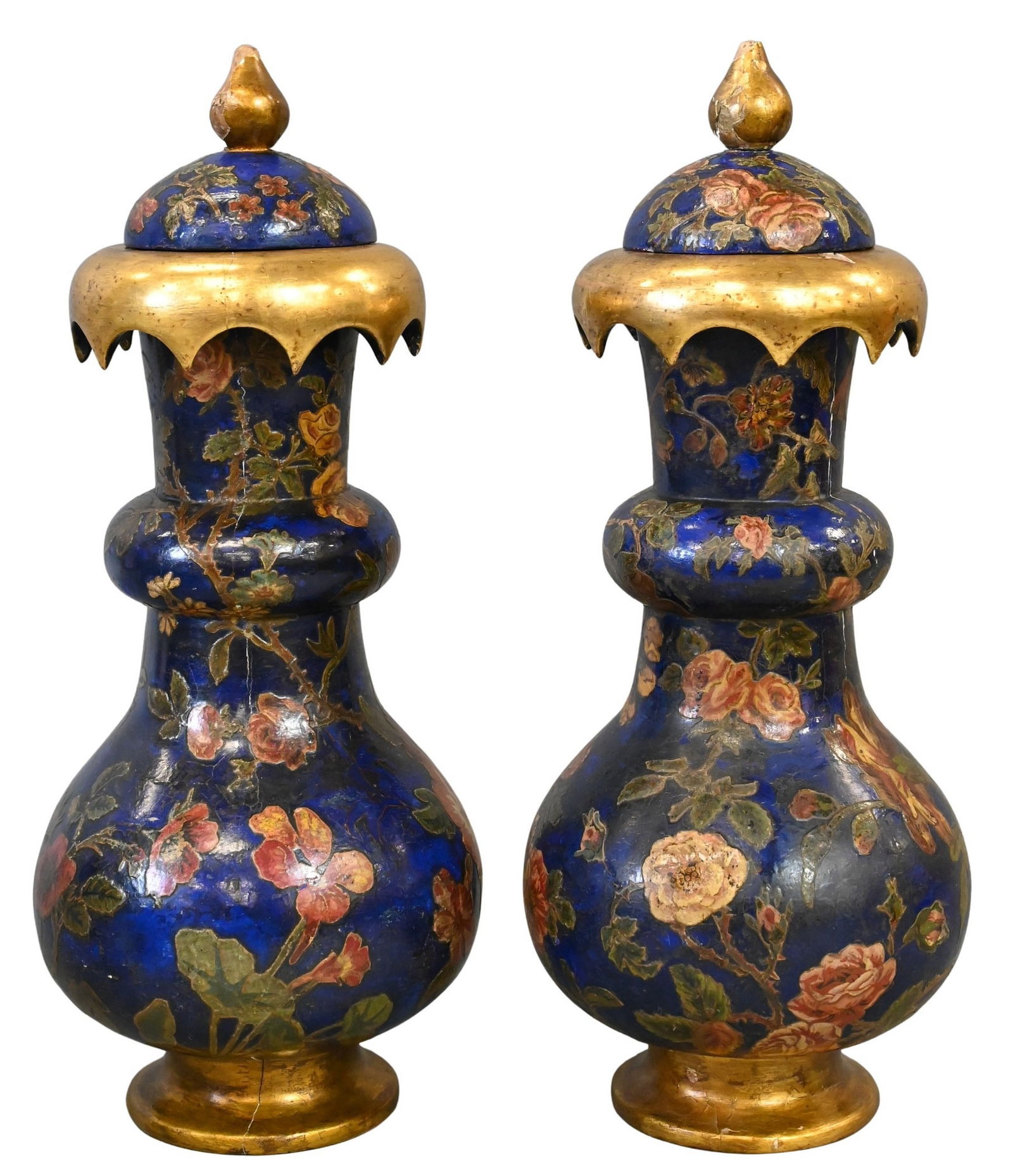Pair of Brighton Pavillion Gothic Revival Parcel Gilt Decoupaged Lidded Papier Mache Vases: Pair of Brighton Pavillion Gothic Revival Parcel Gilt Decoupaged Lidded Papier Mache Vases mid 19th century height 16 inches, diameter 7 inches
