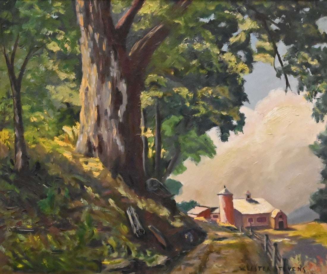 William Lester Stevens (American 1888-1969): William Lester Stevens (American 1888-1969) "New England Farm" Oil on canvas Signed lower right W.Lester Stevens, titled verso 20" x 24" canvas, 26" x 29" frame Provenance: Eldred's Auction,