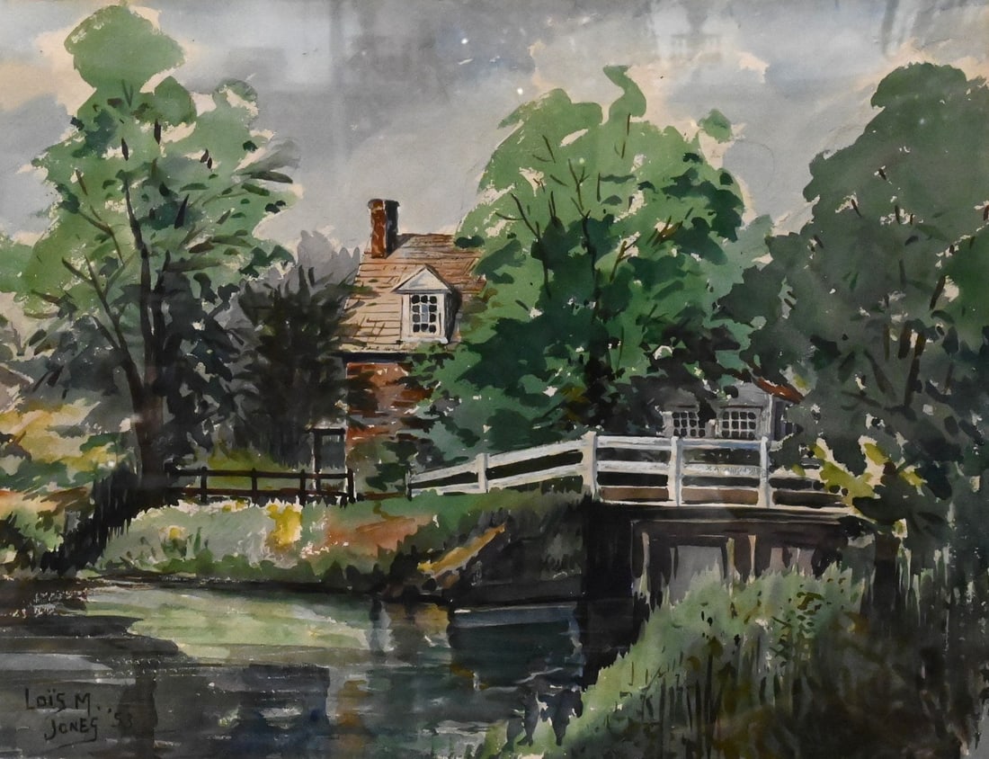 Attributed to Lois Mailou Jones (American 1905-1998): Attributed to Lois Mailou Jones (American 1905-1998) House by a Bridge, 1953 Watercolor on paper Marked lower left Lois M. Jones '53 17" x 21" sight