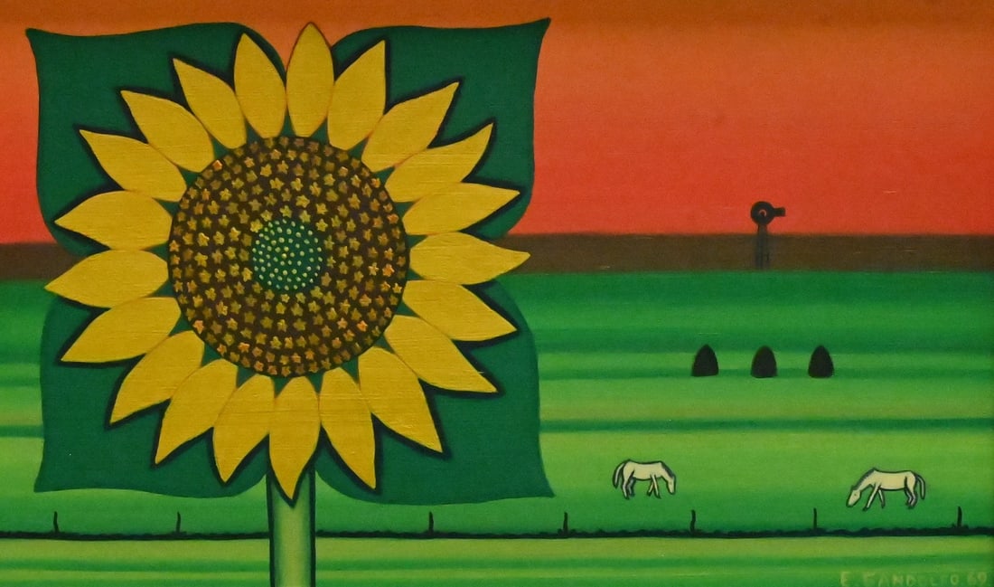 Enrique Gandolfo (Argentina 20th Century): Enrique Gandolfo (Argentina 20th Century) "Girasoles con Parvines", Sunflowers, 1969 Oil on board Signed and dated lower right E Gandolfo '69 8" x 14" board Provenance: Wildenstein Arte,