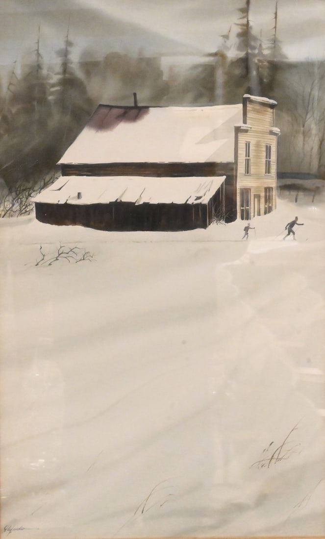 Bill Alexander (American 20th Century): Bill Alexander (American 20th Century) Winter Landscape with Skiers and Building Watercolor on paper Signed lower left Alexander 25" x 15" sight Provenance: Part of a large Western art