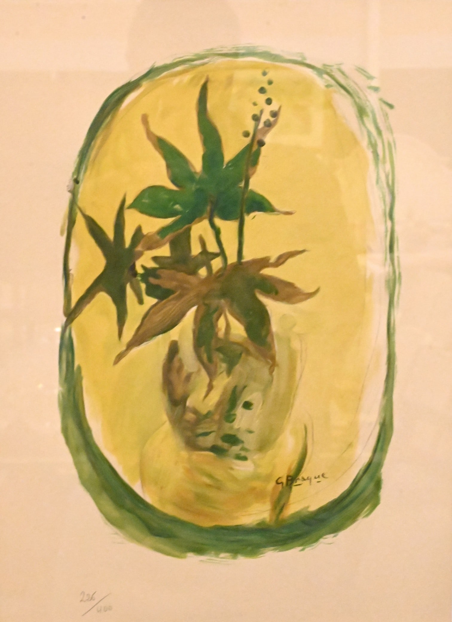 Georges Braque (French 1882-1963): Georges Braque (French 1882-1963) "La Lierre" (Ivy), 1952 Color lithograph on paper, hand-embellished in oils and graphite, edition 226/400 16" x 10 3/4" sight Provenance: Part of a large Western