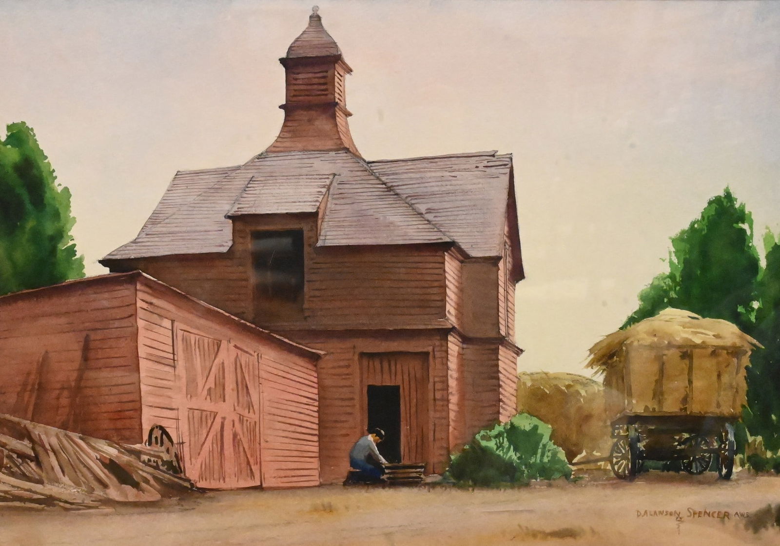 Duncan Alanson Spencer (American 1911-1999): Duncan Alanson Spencer (American 1911-1999) "Fixin The Feed Bin", 1975 Farm landscape with wagons full of hay Watercolor on paper Signed lower right D.Alanson Spencer, signed, titled and dated
