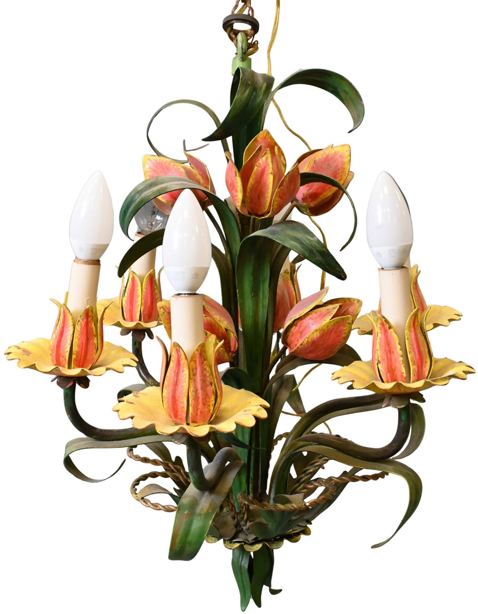 Italian Floral Tole Chandelier with Yellow Tulips: Italian Floral Tole Chandelier with Yellow Tulips having six lights total height 28 inches
