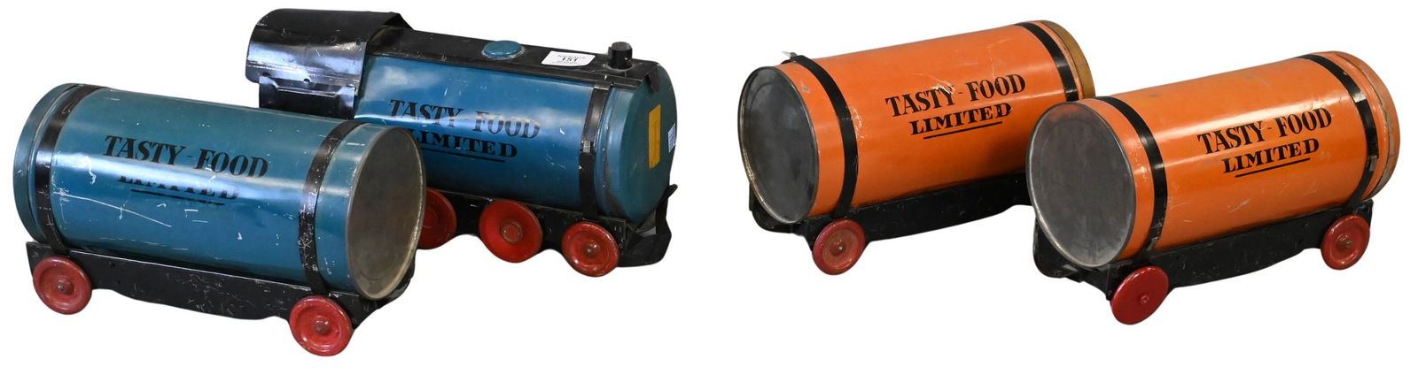 Tasty Food Toy "Coffee Can" Advertising Train: Tasty Food Toy "Coffee Can" Advertising Train to include engine and three cars, Tasty Food Products, Brownwood, TX engine length 13 inches
