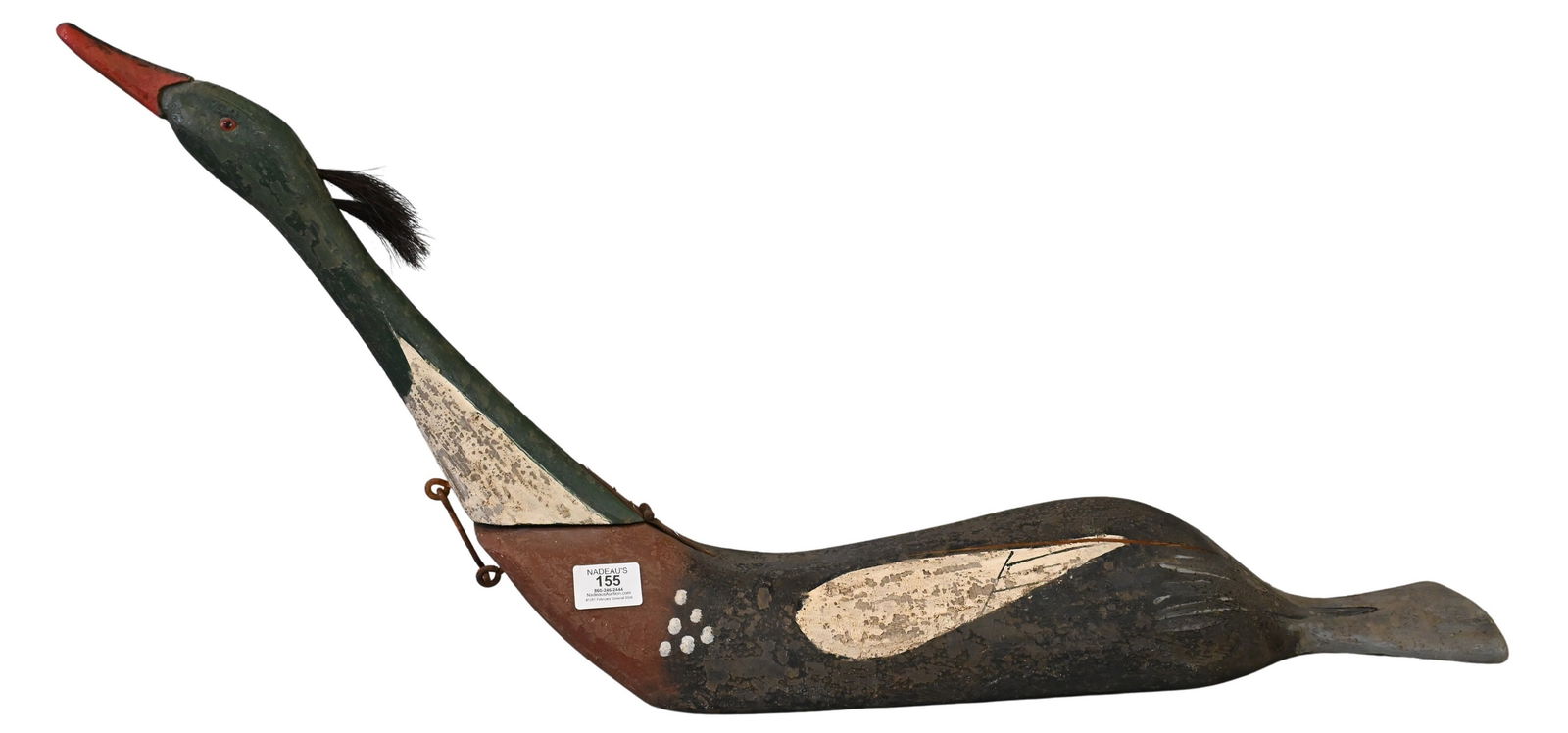 Captain Vernon Bryant Folk Art Duck: Captain Vernon Bryant Folk Art Duck painted red breasted merganser duck decoy, with hinged neck having hook and eye latch and red glass eyes, name plaque now absent height 16 inches, length 34