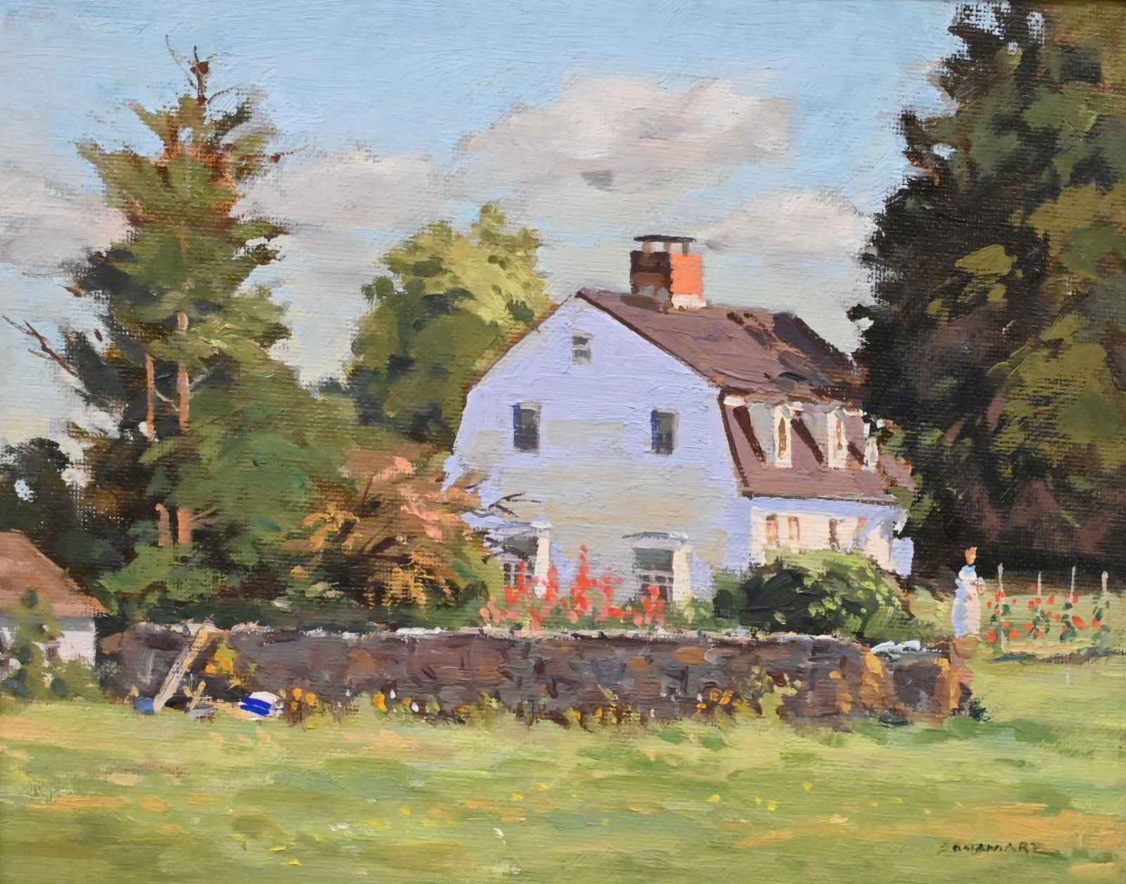 Lou Bonamarte (American 1933-2020): Lou Bonamarte (American 1933-2020) Farmstead in Old Lyme Oil on canvas board Signed lower right Lou Bonamarte 8" x 10" board