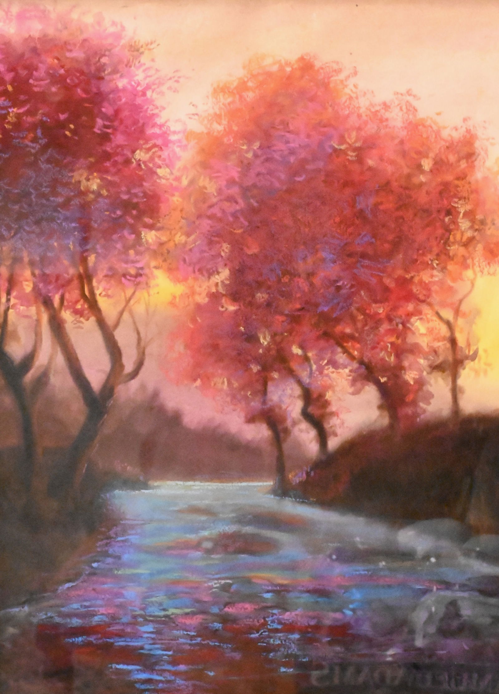 Attributed to Richard Mayhew (American 1924 - 2024): Attributed to Richard Mayhew (American 1924 - 2024) Sunset Landscape with Trees and Stream Pastel, watercolor, gouache on paper Marked lower right Mayhew 16 1/2" x 12" sight