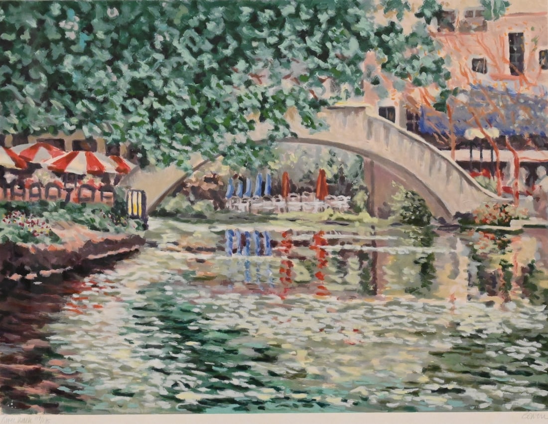 Two Large Framed Nancy E. Bowen (20th/21st Century) Pieces: Two Large Framed Nancy E. Bowen (20th/21st Century) Pieces "Riverwalk" Lithograph, edition 117/275 Garden Scene with Arbor and Roses Lithograph, edition XXVI/C 39" x 47" each frame