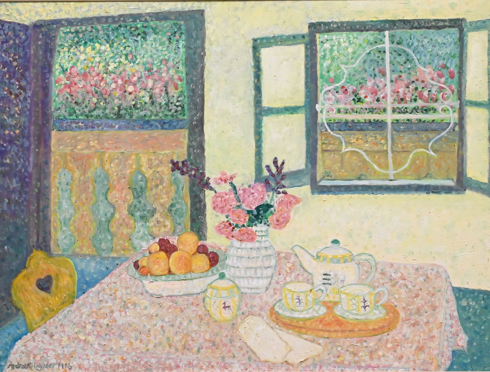 Large Framed Floral Still Life: Large Framed Floral Still Life Interior Scene with a set table and window Looking out to a garden, 1980 Oil on canvas Signed lower left, possibly Andree Klingener 1980 41" x 53"