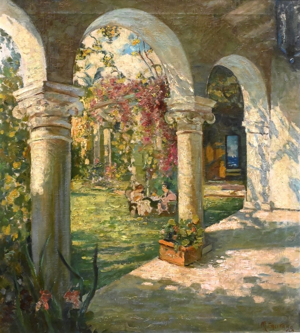 Michael Califano (Italian/American 1890-1979): Michael Califano (Italian/American 1890-1979) Courtyard Garden Scene with two seated ladies Oil on canvas Signed lower right M.Califano Fla 30" x 27", 36" x 33" frame
