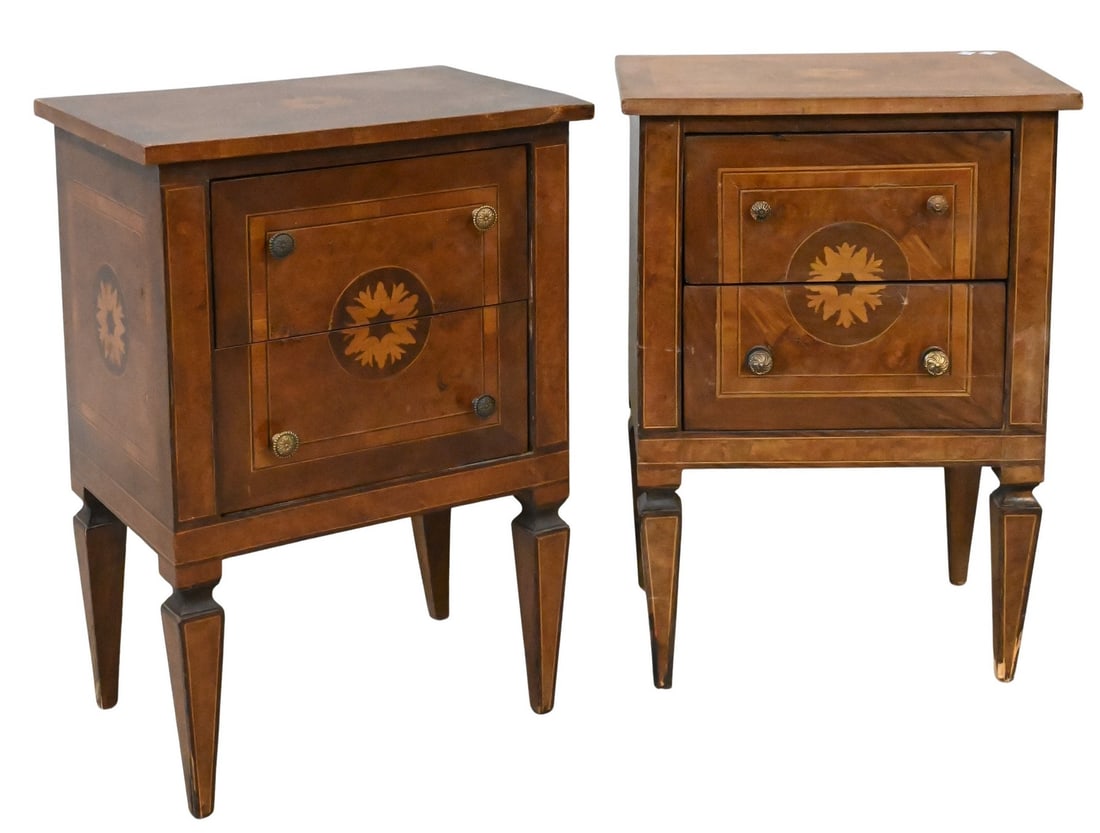 Pair of Italian Style Inlaid Two Drawer Stands: Pair of Italian Style Inlaid Two Drawer Stands height 27 1/2 inches, top 14" x 20"