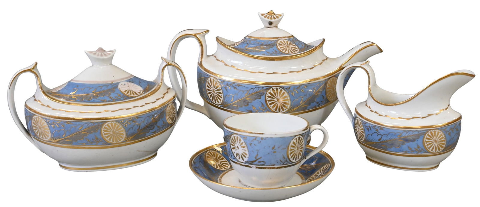 34 Piece Coalport Anstice, Horton and Rose Tea and Coffee Service: 34 Piece Coalport Anstice, Horton and Rose Tea and Coffee Service decorated with gilt paterae and acanthus leaves on a pale blue band, comprising a teapot (height 6 1/2 inches) creamer, underplate