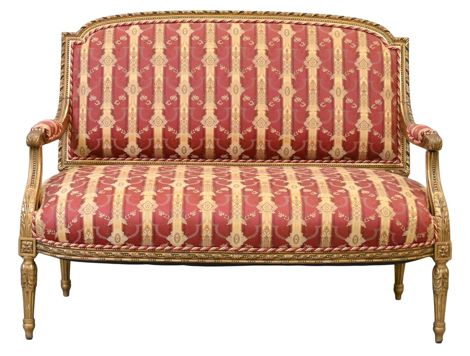 Louis XVI Style Giltwood Loveseat with Silk Damask Upholstery: Louis XVI Style Giltwood Loveseat with Silk Damask Upholstery height 37 inches, width 48 inches, depth 25 inches
