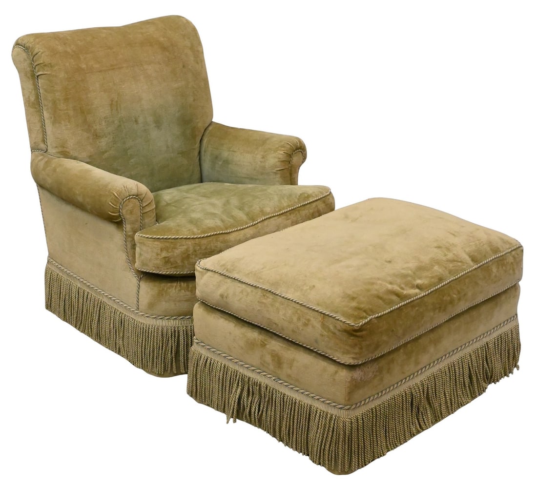 Custom Upholstered Club Chair and Ottoman: Custom Upholstered Club Chair and Ottoman height 34 inches, width 33 inches Provenance: Property from a Private Collection at 791 Park Avenue Designed by Cullman & Kravis, Inc