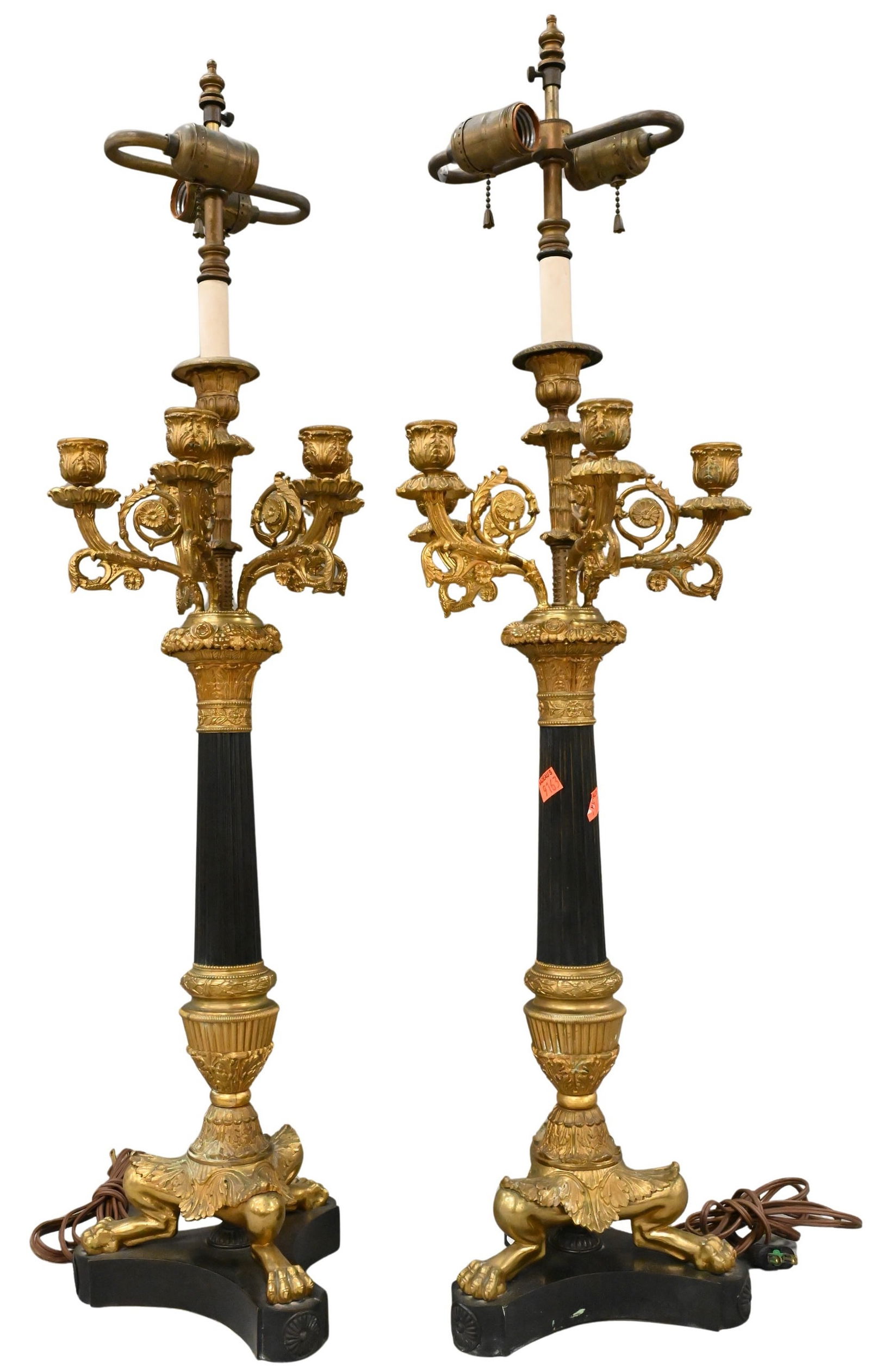 Pair of Louis XVI Style Six-Light Table Ebonized and Gilt Metal Candelabrum now Electrified: Pair of Louis XVI Style Six-Light Table Ebonized and Gilt Metal Candelabrum now Electrified height 34 inches Provenance: Gifted to The Bronx Historical Society by the Estate of Joan Schneeweiss