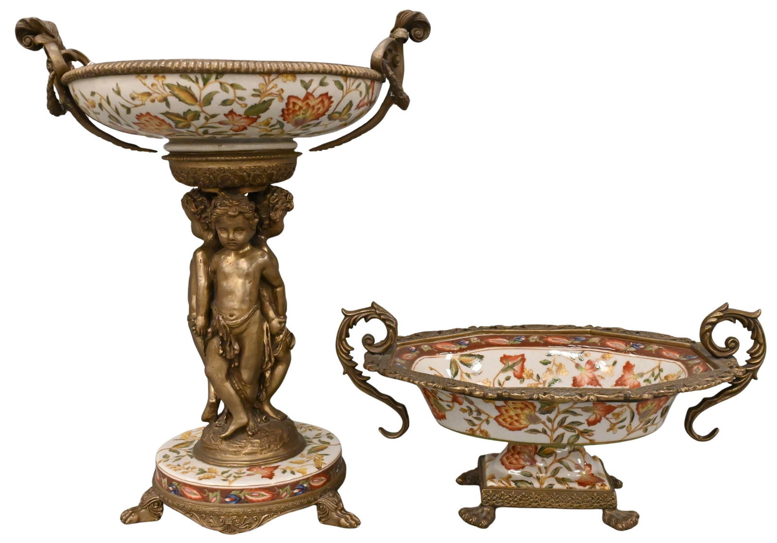 Two Piece Wong Lee Bronze and Ceramic Lot: Two Piece Wong Lee Bronze and Ceramic Lot to include taller tazza raised up on three putti figures over four claw paw feet along with squat centerpiece with scrolling handles over four claw paw