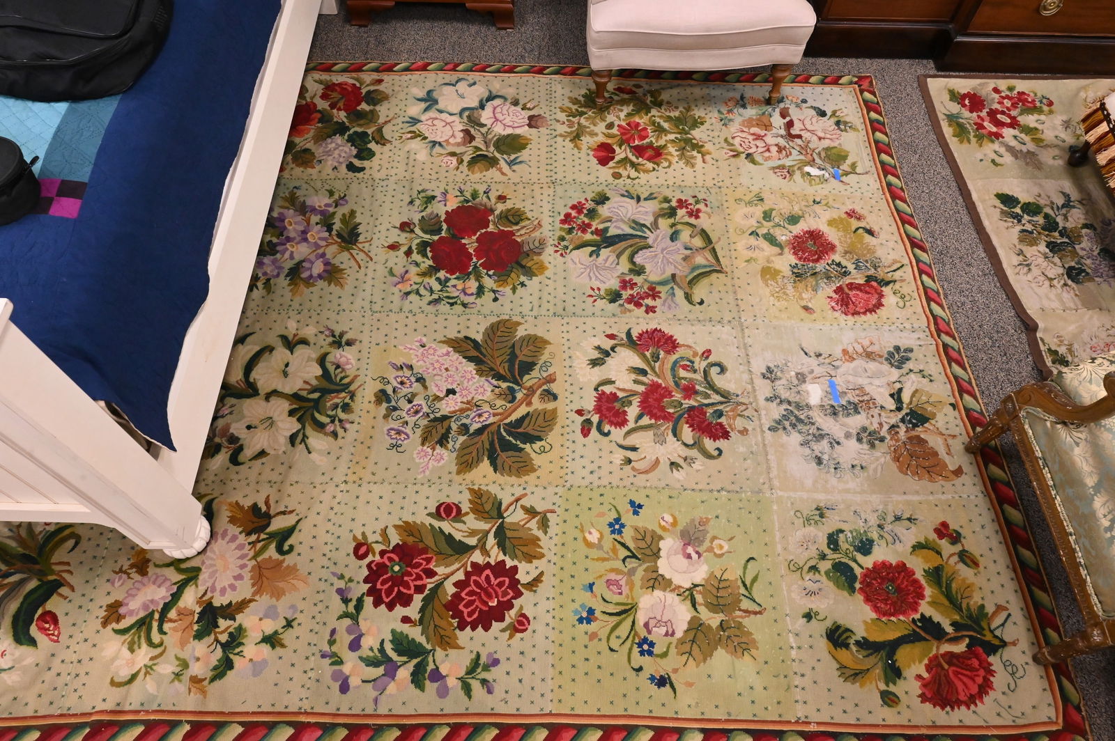 Two Continental Room Size Hand Woven Carpets: Two Continental Room Size Hand Woven Carpets each with floral pattern motifs throughout, each with loss (as is) 7' 6" x 11' 4" and 8' 9" x 11' Provenance: Property from a Upper East Side, New
