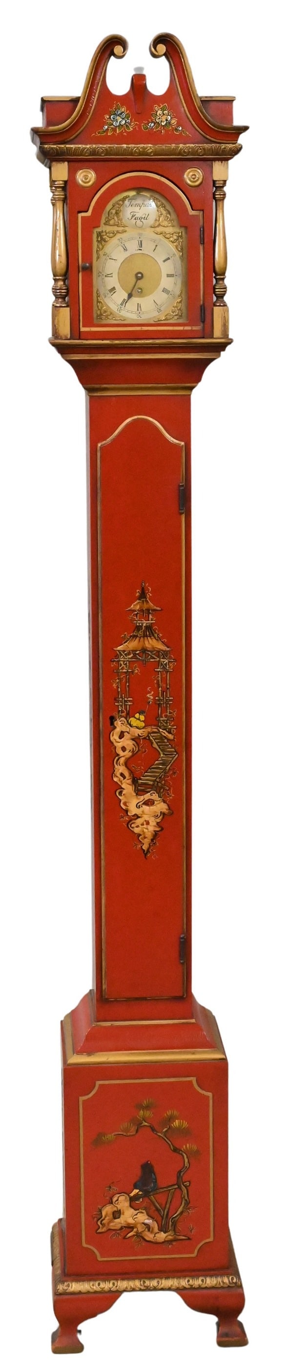 Tempus Fugit Edwardian Style Red Lacquered Grandmother Clock: Tempus Fugit Edwardian Style Red Lacquered Grandmother Clock height 68 inches Provenance: Gifted to The Bronx Historical Society by the Estate of Joan Schneeweiss
