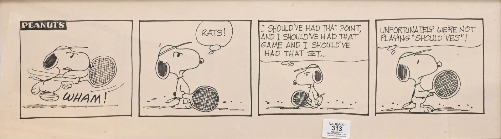 After Charles Monroe Schulz (American 1922-2000): After Charles Monroe Schulz (American 1922-2000) Snoopy Playing Tennis Pen and ink on Crescent cold press illustration board Unsigned 5 1/4" x 25 1/4" image size, 8" x 27 3/4" board