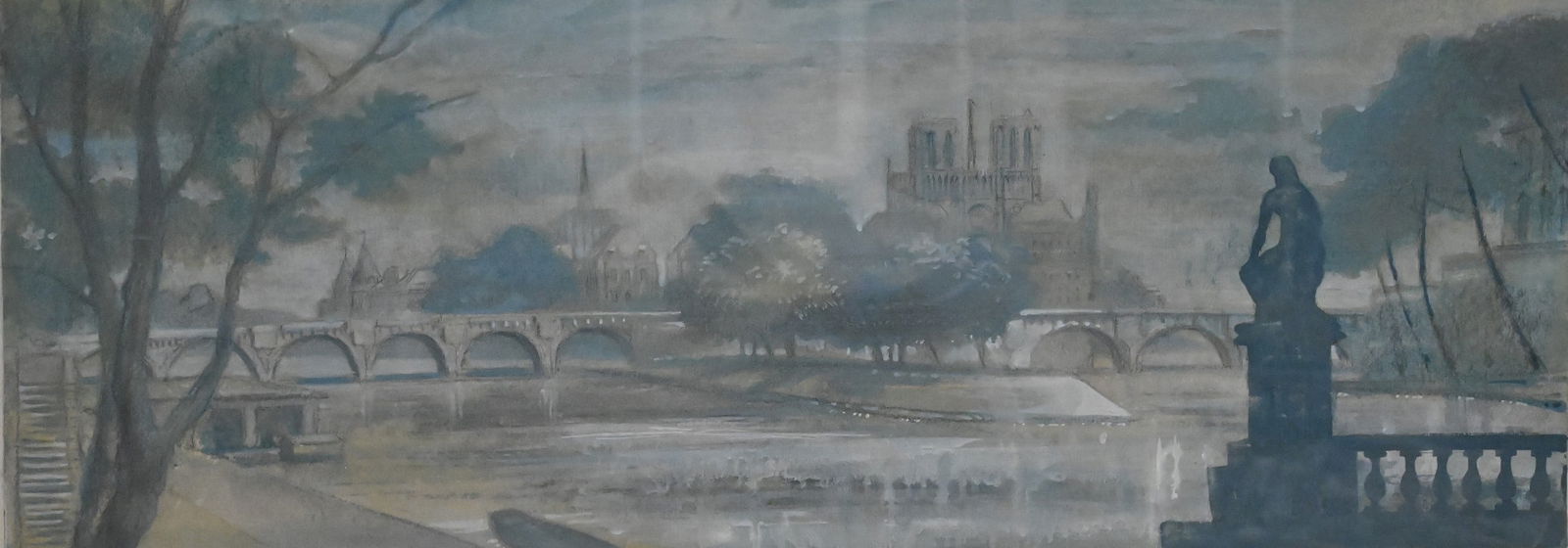Edward Laning (American 1906-1981): Edward Laning (American 1906-1981) Cityscape View of Notre Dame from Across the Seine Watercolor and gouache on illustration board Signed verso Edward Laning 16 1/2" x 31 1/2" frame