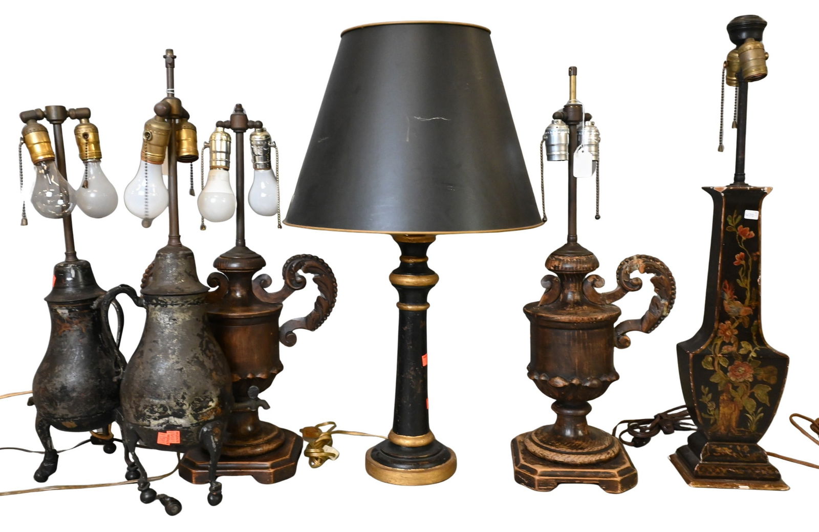 Group of Six Carved Wood Table Lamps (1 of 5)