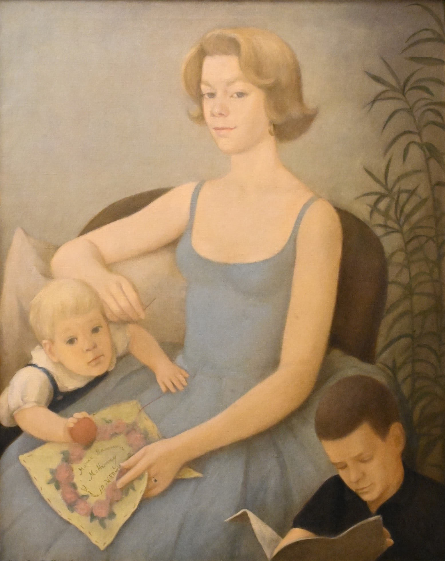 Jack Henderson (American 1931-1998): Jack Henderson (American 1931-1998) Family Portrait of a Mother and Two Sons, 1962 Oil on canvas Signed and dated lower right Henderson '62 40" x 32" sight, 49" x 20" frame