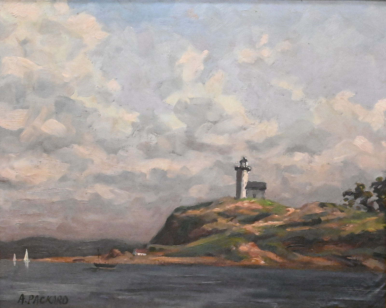 After Anne Packard (American B.1933): After Anne Packard (American B.1933) "Long Point" Cape Cod Lighthouse Oil on canvas board Marked lower left A.Packard, titled verso 16" x 20" board, 23" x 27" frame