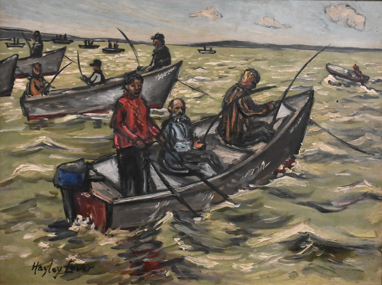 Attributed to Hayley Lever (Australian/American 1876 - 1958): Attributed to Hayley Lever (Australian/American 1876 - 1958) Fishermen in Row Boats Oil on canvas Marked lower left Hayley Lever, Malatzky frame label verso 18" x 24" canvas
