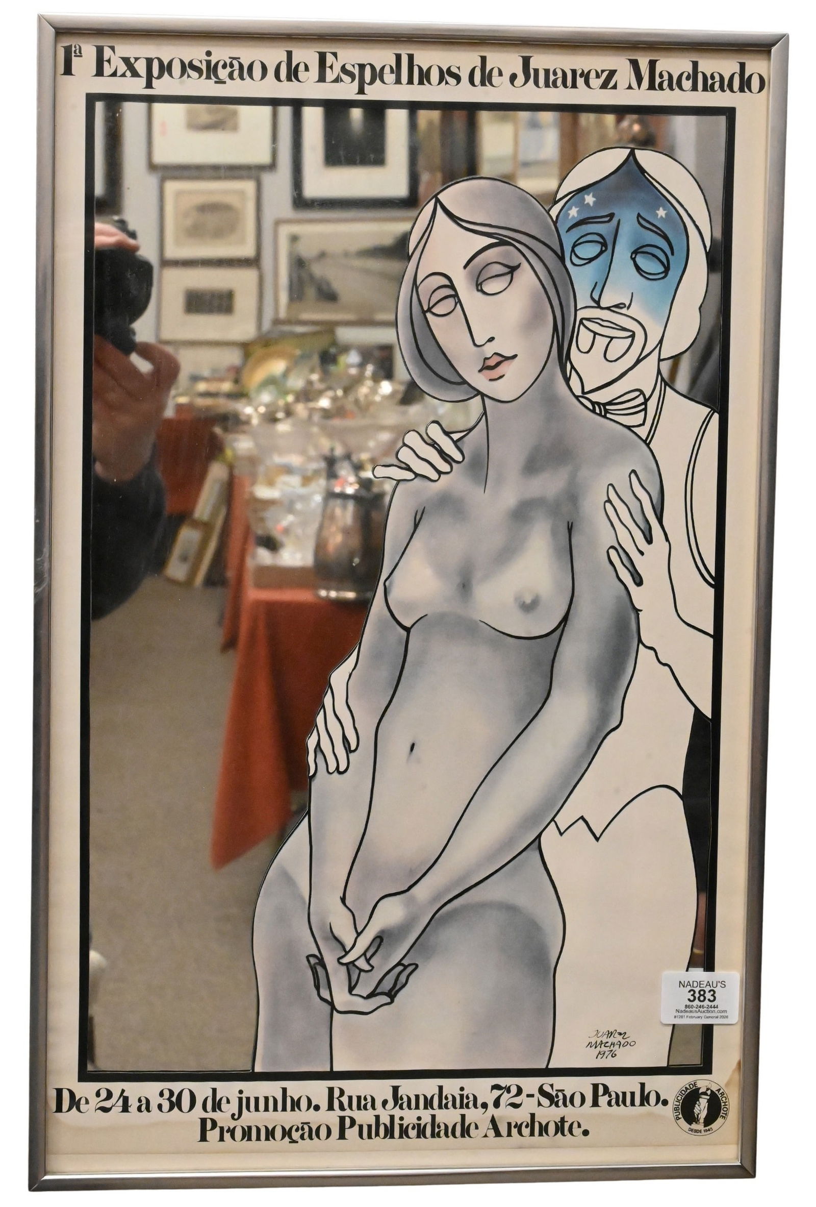 Juarez Machado (Brazilian B.1941): Juarez Machado (Brazilian B.1941) "Exhibition of Mirrors", 1976 Mixed media, mirror advertisement poster Signed and dated lower right Juarez Machado 1976 22" x 14"