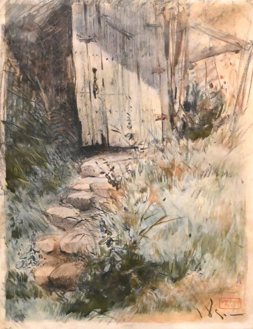 Charles Bargue (French 1825-1883): Charles Bargue (French 1825-1883) Stone Path by a Cottage Watercolor, pastel on paper Signed lower right Ch.Bargue, lower right Vente Bargue 1883 stamp 9 1/2" x 7 1/4"sight, 16" x 13 1/2" frame 